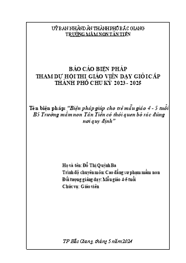 Báo cáo Biện pháp Giúp cho trẻ Mẫu giáo 4 - 5 tuổi B5 Trường mầm non Tân Tiến có thói quen bỏ rác đúng nơi quy định
