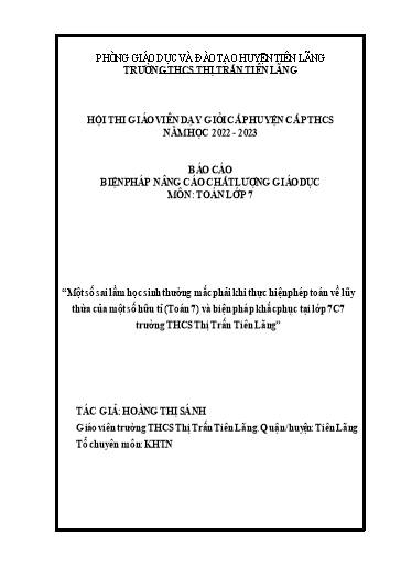Báo cáo Biện pháp Một số sai lầm học sinh thường mắc phải khi thực hiện phép toán về lũy thừa của một số hữu tỉ (Toán 7) và biện pháp khắc phục tại Lớp 7C7 trường THCS Thị Trấn Tiên Lãng