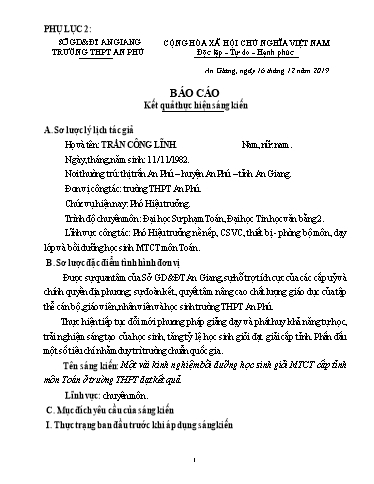 Báo cáo Biện pháp Một vài kinh nghiệm bồi dưỡng học sinh giỏi MTCT cấp tỉnh môn Toán ở trường THPT đạt kết quả