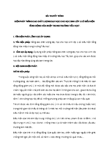 Báo cáo Biện pháp Nâng cao chất lượng dạy học cho học sinh Lớp 1 có biểu hiện tăng động hòa nhập trong trường Tiểu Học