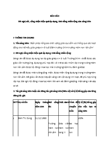Báo cáo Biện pháp Nâng cao chất lượng giáo dục cảm xúc thông qua các hoạt động cho trẻ mẫu giáo ghép 4+5 tuổi trường mầm non Yên Lâm