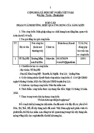 Báo cáo Biện pháp Nâng cao chất lượng hoạt động làm quen với toán cho trẻ 5-6 tuổi