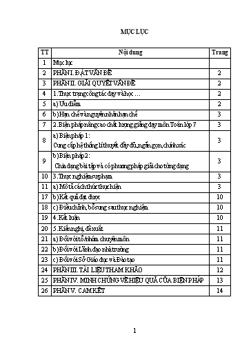 Báo cáo Biện pháp nâng cao chất lượng trong công tác giảng dạy môn Toán 7