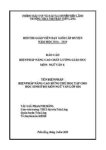 Báo cáo Biện pháp Nâng cao hứng thú học tập cho học sinh ở bộ môn Ngữ Văn Lớp 6D1