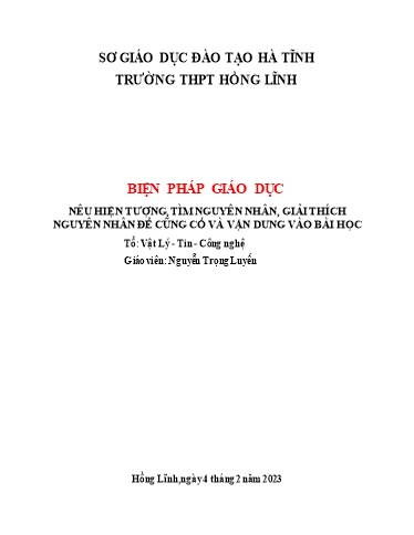 Báo cáo Biện pháp Nêu hiện tượng, tìm nguyên nhân, giải thích nguyên nhân để cũng cố, vận dụng vào bài học