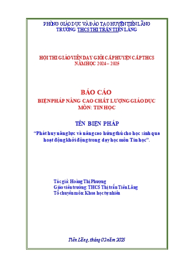 Báo cáo Biện pháp Phát huy năng lực và nâng cao hứng thú cho học sinh qua hoạt động khởi động trong dạy học môn Tin học