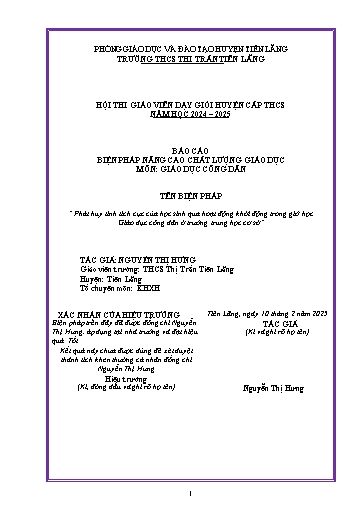 Báo cáo Biện pháp Phát huy tính tích cực của học sinh qua hoạt động khởi động trong giờ học Giáo dục công dân ở Trường Trung học cơ sở