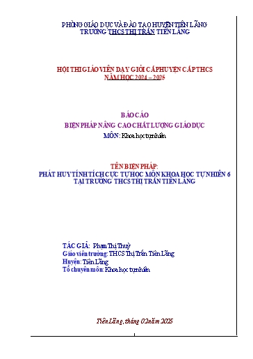 Báo cáo Biện pháp Phát huy tính tích cực tự học môn Khoa học tự nhiên 6 tại Trường THCS Thị trấn Tiêng Lãng