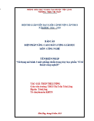 Báo cáo Biện pháp Sử dụng mô hình 3 mặt phẳng chiếu trong dạy học phần Vẽ kĩ thuật Công Nghệ 8
