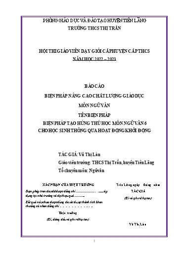 Báo cáo Biện pháp Tạo hứng thú học môn Ngữ Văn 6 cho học sinh thông qua hoạt động khởi động