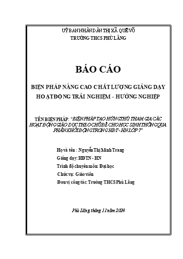 Báo cáo Biện pháp Tạo hứng thú tham gia các hoạt động giáo dục theo chủ đề cho học sinh thông qua phần khởi động trong HĐTN - HN Lớp 7