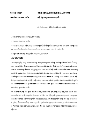 Báo cáo Biện pháp tạo hứng thú và tăng tính tích cực cho học sinh trong việc học tập bộ môn Toán 8 ở trường THCS Pa Khóa - Sìn Hồ - Lai Châu