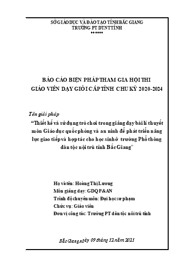 Báo cáo Biện pháp Thiết kế và sử dụng trò chơi trong giảng dạy bài lí thuyết môn Giáo dục quốc phòng và an ninh để phát triển năng lực giao tiếp và hợp tác