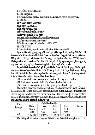 Báo cáo Biện pháp Tổ chức dạy học trải nghiệm về đo diện tích trong giờ học Toán