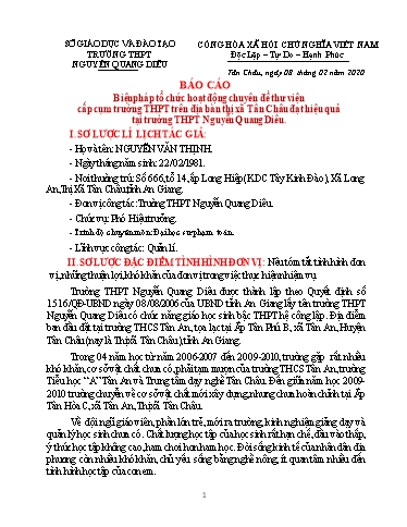 Báo cáo Biện pháp Tổ chức hoạt động Chuyên đề thư viện cấp cụm trường THPT trên địa bàn Thị xã Tân Châu đạt hiệu quả tại trường THPT Nguyễn Quang Diêu