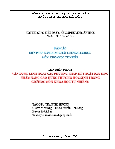 Báo cáo Biện pháp Vận dụng linh hoạt các phương pháp, kĩ thuật dạy học nhằm nâng cao hứng thú cho học sinh trong giờ học môn Khoa Học Tự Nhiên 8