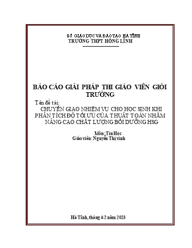 Báo cáo Giải pháp Chuyển giao nhiệm vụ cho học sinh khi phân tích độ tối ưu của thuật toán nhằm nâng cao chất lượng bồi dưỡng HSG