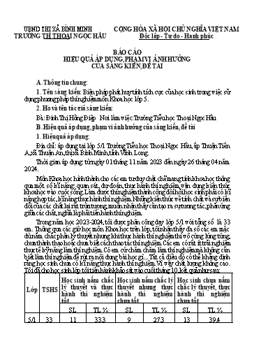Báo cáo Sáng kiến Biện pháp phát huy tính tích cực của học sinh trong việc sử dụng phương pháp thí nghiệm môn Khoa họ