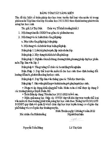Báo cáo Sáng Kiến Một số biện pháp dạy học trực tuyến thể loại văn miêu tả trong phân môn Tập làm văn Lớp 5A năm học 2021-2022 theo định hướng phát triển năng lực học sinh