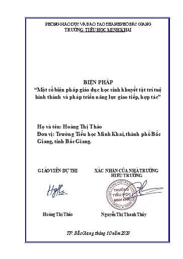 Báo cáo Sáng kiến Một số biện pháp giáo dục học sinh khuyết tật trí tuệ hình thành và pháp triển năng lực giao tiếp, hợp tác