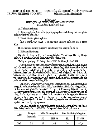 Báo cáo Sáng kiến Một số biện pháp giúp học sinh hứng thú học phân môn luyện từ và câu Lớp 3