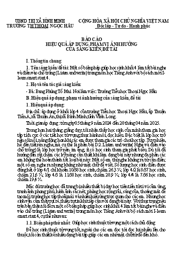 Báo cáo Sáng kiến Một số biện pháp giúp học sinh Khối 4 làm tốt bài nghe và điền vào chỗ trống (Listen and write) trong môn học Tiếng Anh với bộ sách mới I-learn smart start 4