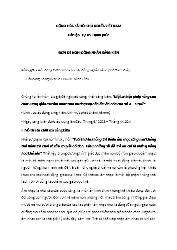 Báo cáo Sáng kiến Một số biện pháp nâng cao chất lượng giáo dục âm nhạc theo hướng tiếp cận đa văn hóa cho trẻ 4 – 5 tuổi