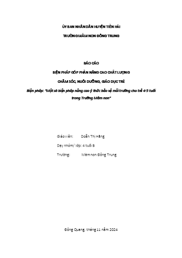 Báo cáo Sáng kiến Một số biện pháp nâng cao ý thức bảo vệ môi trường cho trẻ 4-5 tuổi trong Trường Mầm non
