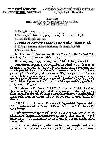 Báo cáo Sáng kiến Một số biện pháp rèn nề nếp tốt cho học sinh Lớp 1