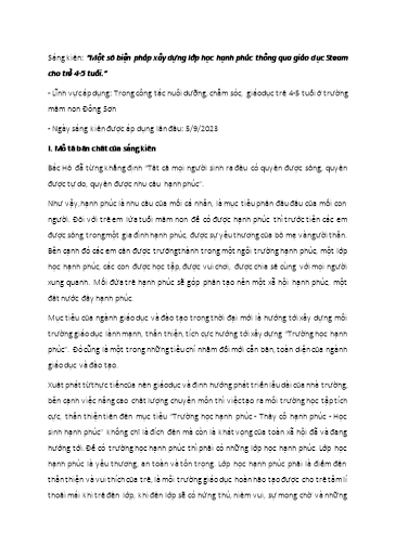 Báo cáo Sáng kiến Một số biện pháp xây dựng lớp học hạnh phúc thông qua giáo dục Steam cho trẻ 4-5 tuổi