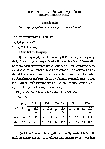 Báo cáo Sáng kiến Một số giải pháp dành cho học sinh yếu, kém môn Toán 6