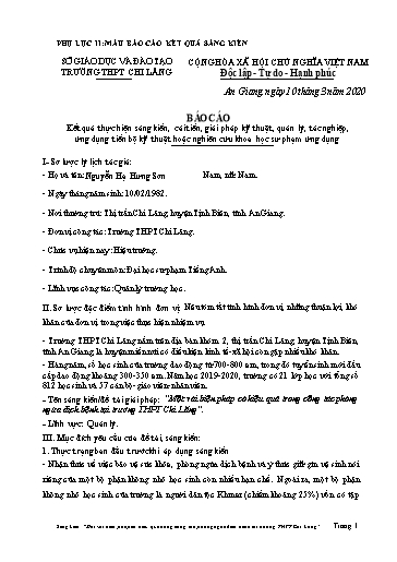 Báo cáo Sáng kiến Một vài biện pháp có hiệu quả trong công tác phòng ngừa dịch bệnh tại trường THPT Chi Lăng