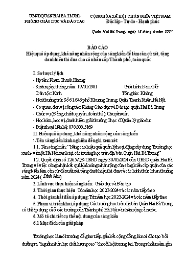 Báo cáo Sáng kiến Nâng cao hiệu quả quản lý hoạt động xây dựng Trường học xanh - Vì một Hà Nội xanh tại các trường học trên địa bàn Quận Hai Bà Trưng