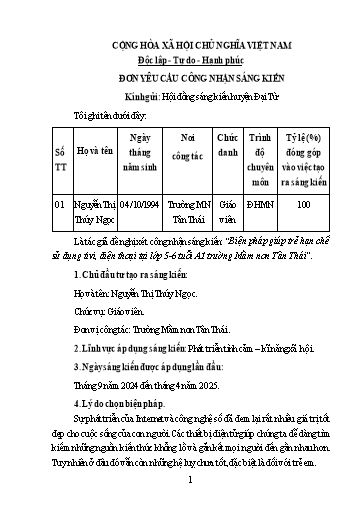 Đơn công nhận Sáng kiến Biện pháp giúp trẻ hạn chế sử dụng tivi, điện thoại tại Lớp 5-6 tuổi A1 trường Mầm non Tân Thái