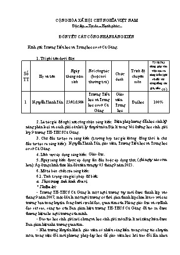 Đơn công nhận Sáng kiến Biện pháp hướng dẫn học sinh kỹ năng phân loại và cách giải câu hỏi lý thuyết môn Địa lí trong bồi dưỡng học sinh giỏi Lớp 9 trường TH-THCS Cả Găng