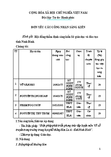 Đơn công nhận Sáng kiến Biện pháp phát triển phong trào tập luyện môn Võ cổ truyền trong trường trung học phổ thông Hoa Lư A - Tỉnh Ninh Bình