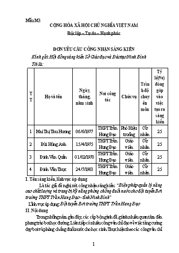 Đơn công nhận Sáng kiến Biện pháp quản lý nâng cao chất lượng và trang bị kỹ năng phòng chống đuối nước cho đội tuyển Bơi trường THPT Trần Hưng Đạo - Tỉnh Ninh Bình