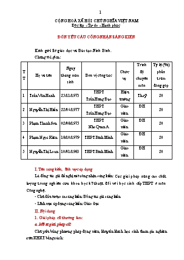 Đơn công nhận Sáng kiến Các giải pháp nâng cao chất lượng trong nghiên cứu khoa học kĩ thuật đối với học sinh cấpTHPT ở môn Công nghệ