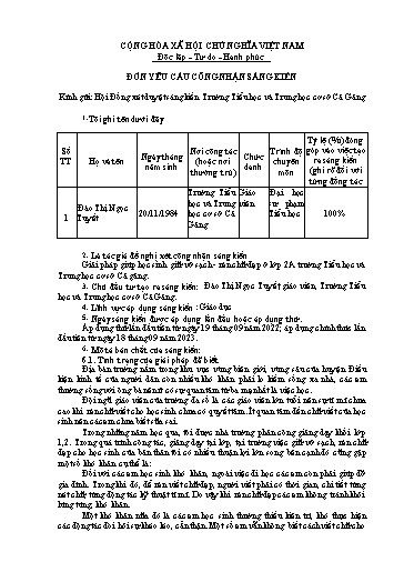 Đơn công nhận Sáng kiến Giải pháp giúp học sinh giữ vở sạch - Rèn chữ đẹp ở Lớp 2A trường Tiểu học và Trung học cơ sở Cả Găng