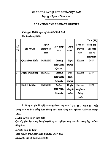 Đơn công nhận Sáng kiến Giải pháp nâng cao chất lượng dạy và học tiếng Anh thông qua hoạt động trải nghiệm tại các trường THPT