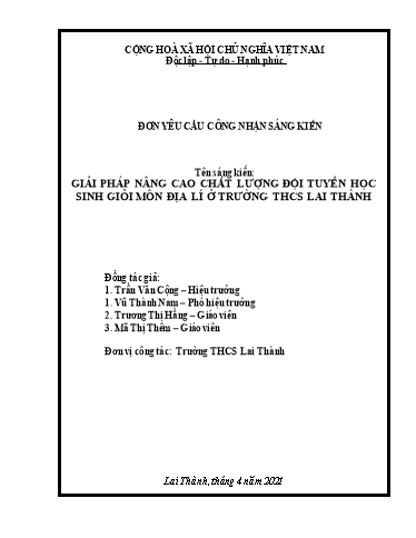 Đơn công nhận Sáng kiến Giải pháp nâng cao chất lượng đội tuyển học sinh giỏi môn Địa lí ở trường THCS Lai Thành