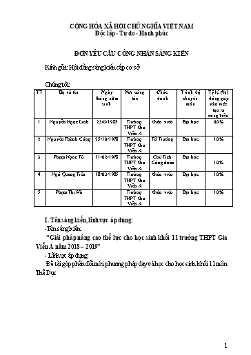 Đơn công nhận Sáng kiến Giải pháp nâng cao thể lực cho học sinh Khối 11 trường THPT Gia Viễn A năm 2018 – 2019