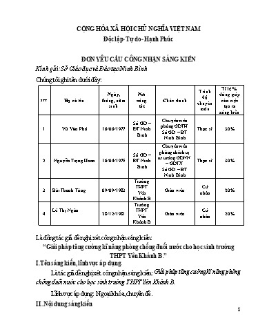 Đơn công nhận Sáng kiến Giải pháp tăng cường kĩ năng phòng chống đuối nước cho học sinh trường THPT Yên Khánh B