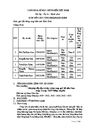 Đơn công nhận Sáng kiến Giải pháp tiếp cận với dạy và học song ngữ bộ môn Toán trong Trường THPT không chuyên