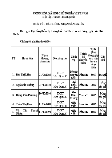 Đơn công nhận Sáng kiến Giải pháp tổ chức hoạt động dạy học trải nghiệm với môn Sinh học