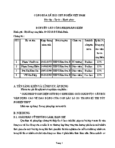 Đơn công nhận Sáng kiến Giải pháp toàn diện giúp học sinh khá giỏi giải được câu hỏi vận dụng cao về dao động của con lắc lò xo trong kì thi tốt nghiệp THPT