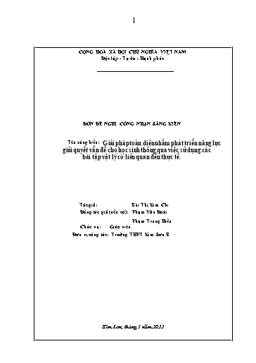 Đơn công nhận Sáng kiến Giải pháp toàn diện nhằm phát triển năng lực giải quyết vấn đề cho học sinh thông qua việc sử dụng các bài tập vật lý có liên quan đến thực tế