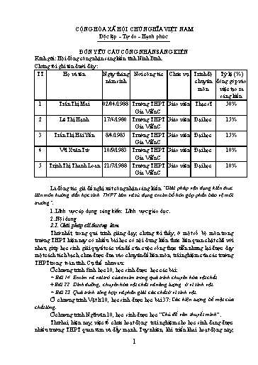 Đơn công nhận Sáng kiến Giải pháp vận dụng kiến thức liên môn hướng dẫn học sinh THPT làm và sử dụng enzim bồ hòn góp phần bảo vệ môi trường