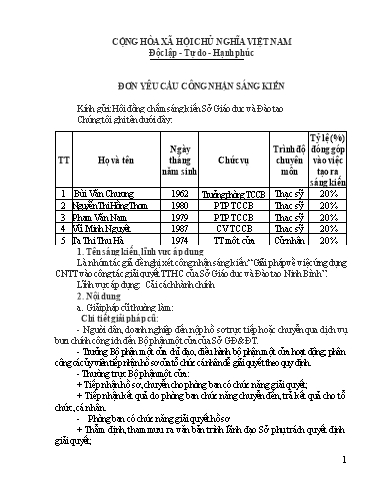 Đơn công nhận Sáng kiến Giải pháp về việc ứng dụng CNTT vào công tác giải quyết TTHC của Sở Giáo dục và Đào tạo Ninh Bình