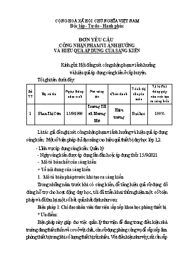 Đơn công nhận Sáng kiến Một số biện pháp chỉ đạo nâng cao hiệu quả thiết bị dạy học Lớp 1,2